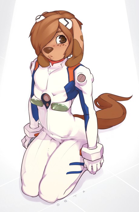 1boy androgynous ayanami_rei ayanami_rei_(cosplay) brown_eyes brown_fur brown_hair brown_nose canine cosplay crossdressing curvy dog doxy freckles fur furry hair kneeling lips male male_focus mammal marty marty_(onta) neon_genesis_evangelion onta plugsuit rei_ayanami skin_tight solo space_suit test_plugsuit trap