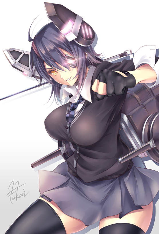 bad_id bad_pixiv_id checkered checkered_neckwear eyepatch fingerless_gloves fukai_ryousuke gloves headgear kantai_collection looking_at_viewer machinery necktie partly_fingerless_gloves purple_hair short_hair solo tenryuu_(kantai_collection) thighhighs turret yellow_eyes