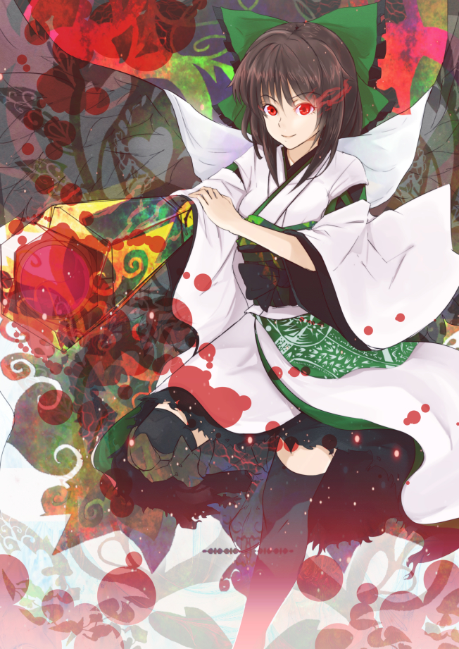 alternate_costume bad_id bad_pixiv_id bird_wings black_hair bow cape cibo_(killy) hair_bow japanese_clothes light_trail long_hair red_eyes reiuji_utsuho solo touhou wings