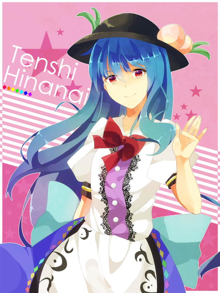 bad_id bad_pixiv_id blue_hair bow character_name food fruit hat hinanawi_tenshi hourai_ninjin long_hair looking_at_viewer peach red_eyes solo star touhou waving