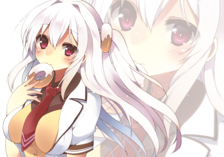 bad_id bad_pixiv_id blush breasts doughnut food large_breasts long_hair looking_at_viewer mishima_kurone necktie purple_eyes simple_background solo white_background white_hair zoom_layer