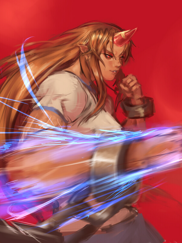 blonde_hair chain cuffs glowing_fist horn hoshiguma_yuugi inishie_kumo long_hair pointy_ears punching red_background red_eyes shackles shirt short_sleeves skirt solo star touhou very_long_hair