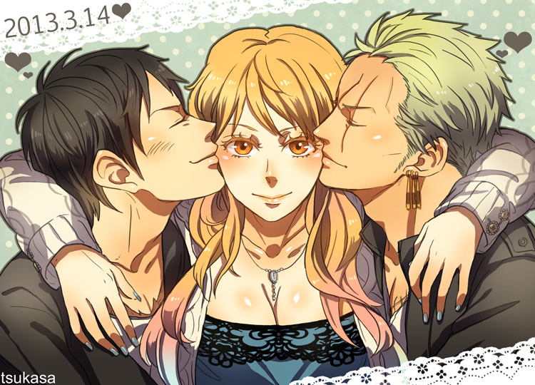&lt;3 1girl 2013 2boys abstract_background blonde_hair breasts brown_hair cleavage dress earring earrings heart jewelry jinnai_tsukasa kiss long_nails monkey_d_luffy multiple_boys nail_polish nami nami_(one_piece) necklace number one_piece orange_eyes orange_hair painted_nails pendant roronoa_zoro scar simple_background