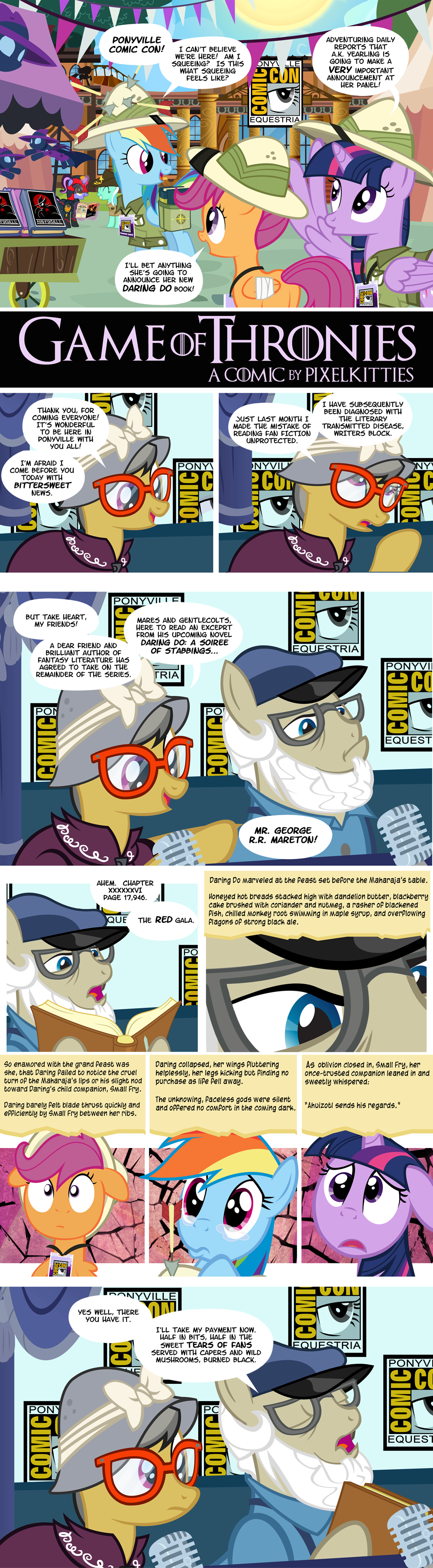 a._k._yearling_(mlp) amber_eyes arrow beard black_hair blue_eyes book cape clothed clothing comic comic_con cosplay costume crossover crying daring_do_(mlp) death english_text equine eyes_closed eyewear facial_hair fandom female friendship_is_magic game_of_thrones george_r._r._martin glasses hair hat horn horse lyra_(mlp) lyra_heartstrings_(mlp) male mammal mare_do_well_(mlp) multi-colored_hair my_little_pony navel original_character parody pegasus pince-nez pixelkitties ponification pony purple_eyes purple_hair rainbow_dash_(mlp) reading sad scootaloo_(mlp) semi-grimdark shirt smile text twilight_sparkle_(mlp) two_tone_hair unicorn winged_unicorn wings