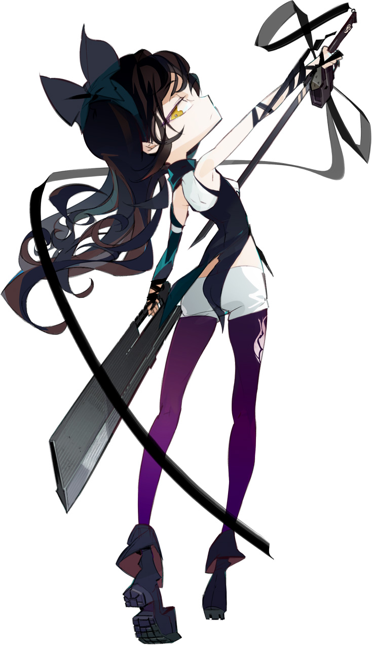 amiami animal_ears black_hair blake_belladonna bow cleaver gun hair_bow handgun highres kama_(weapon) long_hair pistol rwby sickle solo weapon