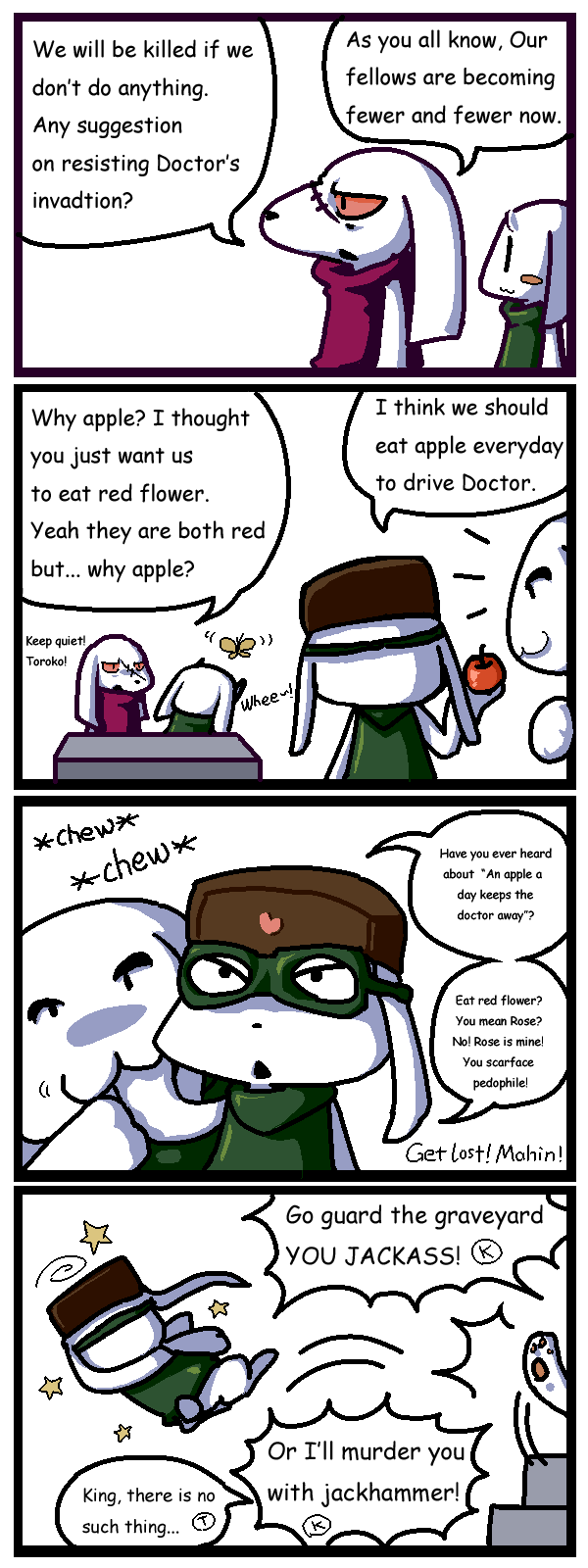 &lt;3 apple arthropod butterfly cave_story comic cub dialog english_text eyewear female fruit fur glasses group hat humor insect jack_(cave_story) king_(cave_story) lagomorph mahin_(cave_story) male mammal mimiga onlineworms paws pink_eyes plain_background scar text toroko video_games white_background white_fur young