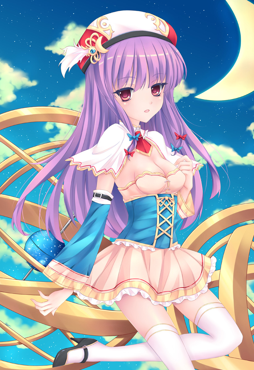 alternate_costume breasts cleavage crescent dress fred0092 highres long_hair looking_at_viewer patchouli_knowledge purple_eyes purple_hair small_breasts smile solo thighhighs touhou wrist_cuffs