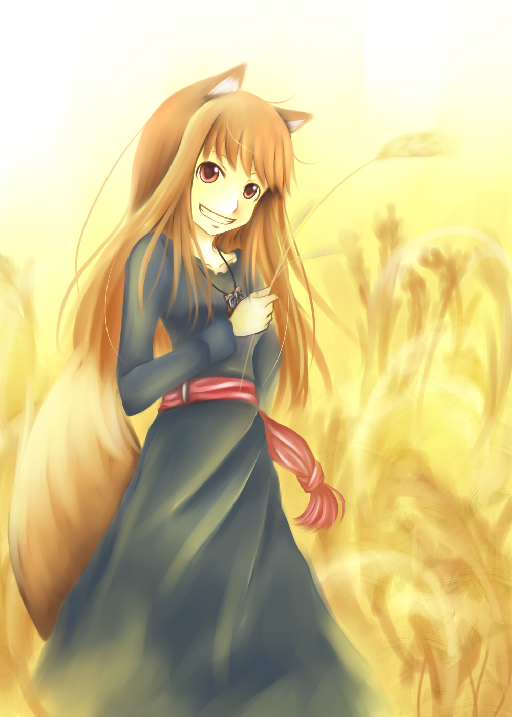 animal_ears brown_hair cla highres holo jewelry long_hair necklace red_eyes sash skirt smile solo spice_and_wolf tail wheat wolf_ears