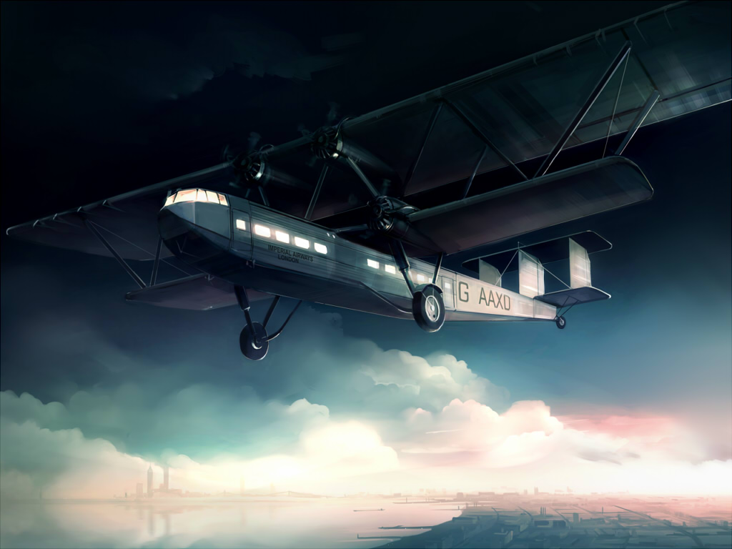 airplane biplane cityscape cloud flying handley_page_hp42 no_humans original seo_tatsuya sky