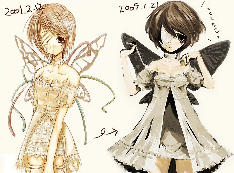 artist_progress bad_id bad_pixiv_id bandage_over_one_eye bandages bare_shoulders before_and_after breasts brown_eyes brown_hair butterfly_wings choker copyright_request dated detached_sleeves dress duca facial_mark frilled_choker frilled_dress frills hands_up looking_at_viewer looking_away short_hair small_breasts thighhighs translation_request white_choker white_dress wings