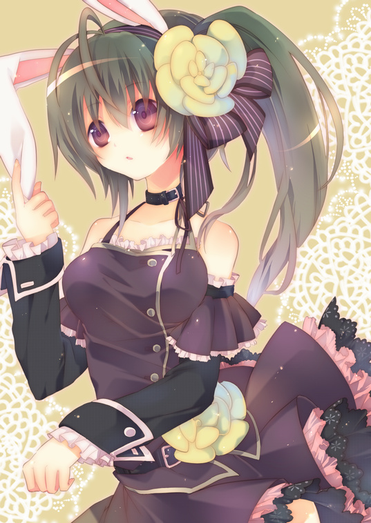 animal_ears antenna_hair bad_id bad_pixiv_id bunny_ears collar copyright_request detached_sleeves dress frills green_hair hair_ornament long_hair side_ponytail solo yamiko