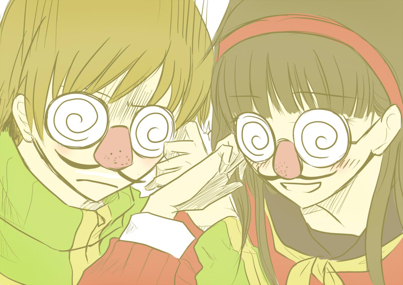 @_@ amagi_yukiko artist_request funny_glasses glasses multiple_girls persona persona_4 satonaka_chie