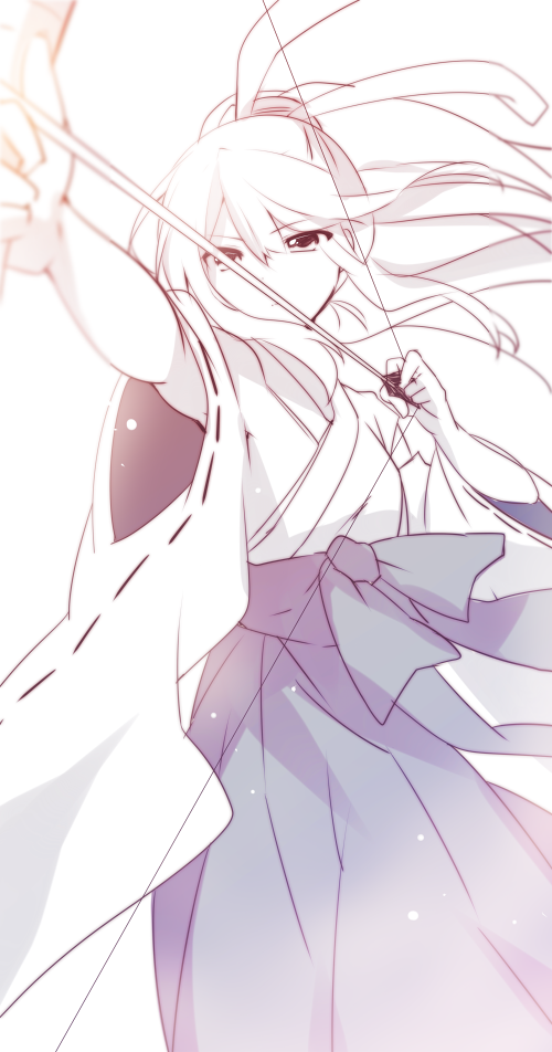 bad_id bad_pixiv_id bow_(weapon) japanese_clothes lineart long_hair miko mishima_kurone monochrome original shirokami_project simple_background solo tierra_azur weapon white_background