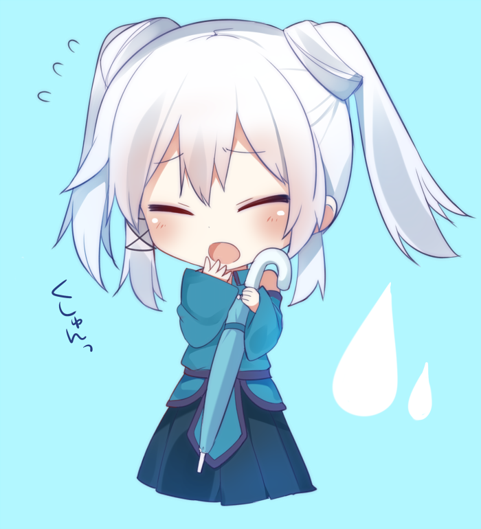 :o blue_background blush chibi ciel_sacred closed_eyes closed_umbrella flying_sweatdrops holding mishima_kurone open_mouth original shirokami_project simple_background solo umbrella water_drop white_hair