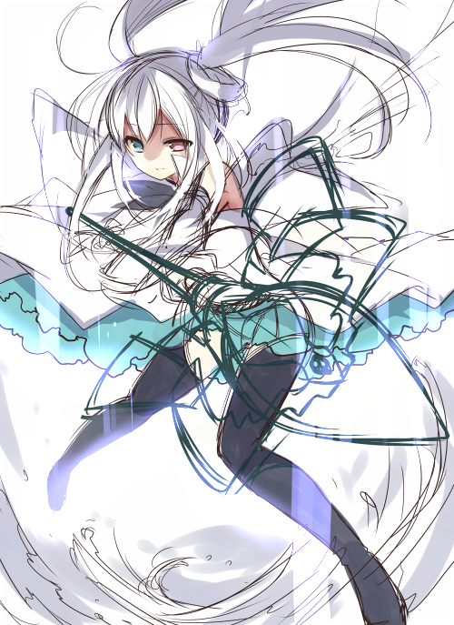 bad_id bad_pixiv_id black_legwear blue_eyes heterochromia long_hair looking_at_viewer mishima_kurone red_eyes simple_background sketch solo thighhighs weapon white_background white_hair