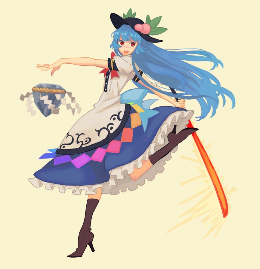 blue_hair boots food fruit hat high_heels hinanawi_tenshi jean_(jean_sp) keystone long_hair open_mouth peach red_eyes smile solo sword_of_hisou touhou weapon