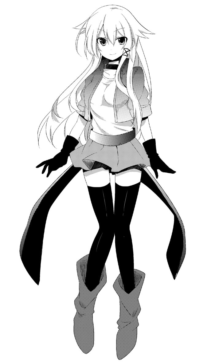 anceril_sacred bad_id bad_pixiv_id gloves greyscale long_hair looking_at_viewer mishima_kurone monochrome original shirokami_project simple_background smile solo thighhighs white_background