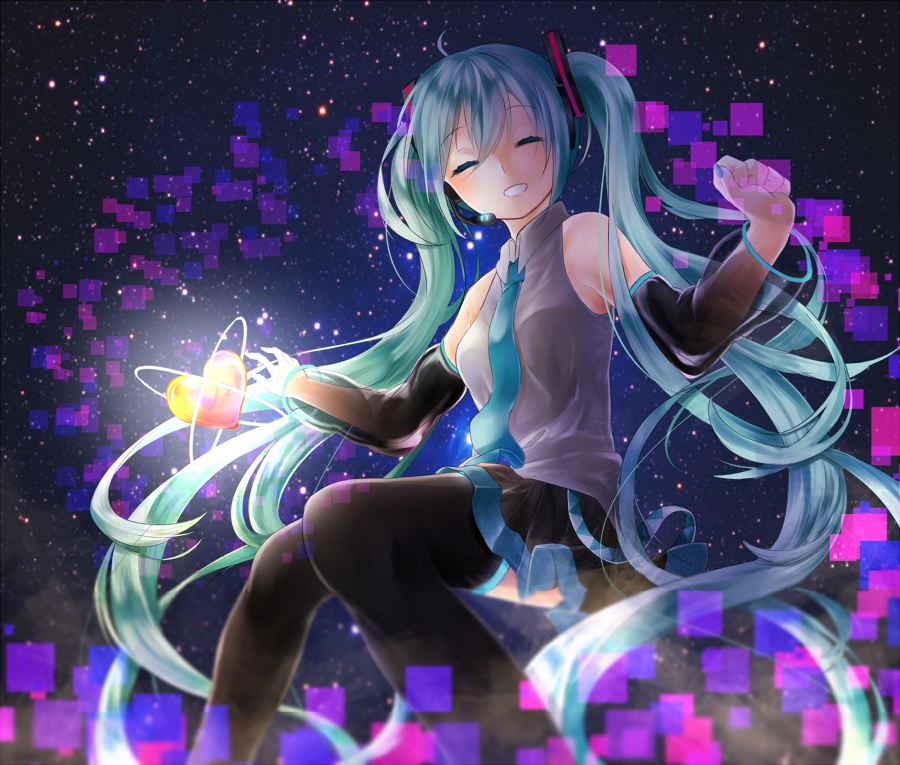 closed_eyes detached_sleeves green_hair grin hatsune_miku headset heart koko_1224 long_hair nail_polish necktie see-through skirt smile solo thighhighs twintails very_long_hair vocaloid