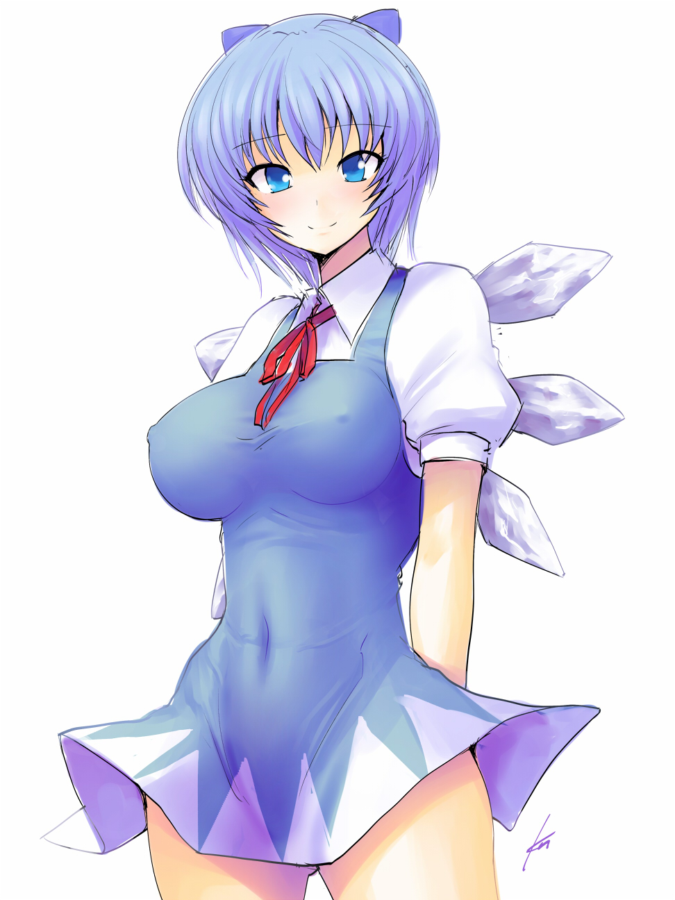 arms_behind_back ass_visible_through_thighs blue_eyes blue_hair breasts cirno covered_navel covered_nipples dress ebizome highres impossible_clothes impossible_dress large_breasts older smile solo thighs touhou wings