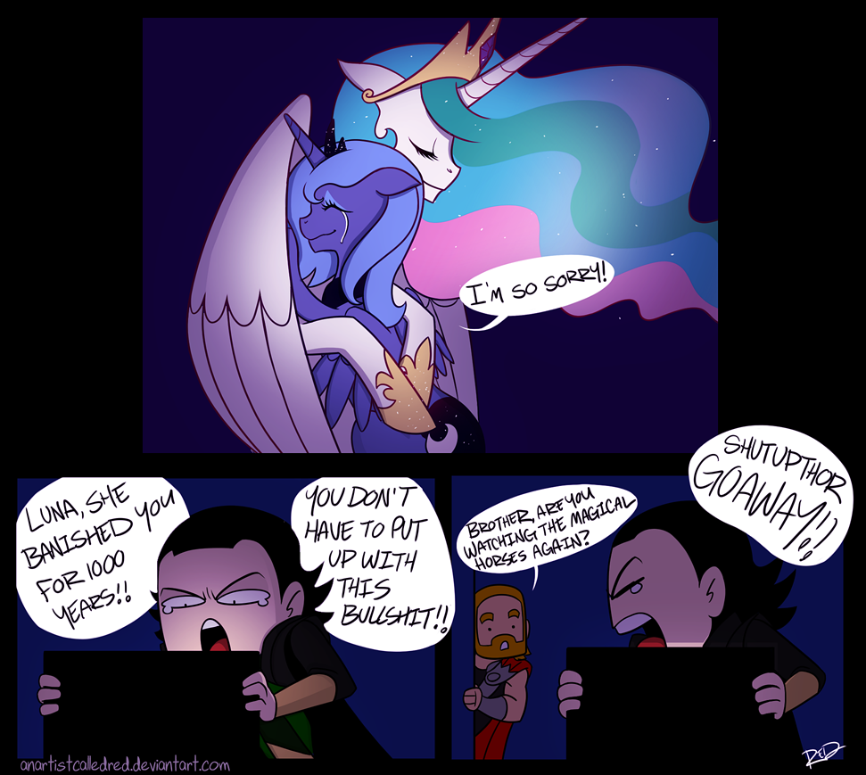 anartistcalledred black_hair blonde_hair cape comic computer crossover crown crying cutie_mark equine eyes_closed female friendship_is_magic hair horn horse loki male mammal multi-colored_hair my_little_pony open_mouth pony princess_celestia_(mlp) princess_luna_(mlp) sibling thor_(deity) tiara two_tone_hair winged_unicorn wings