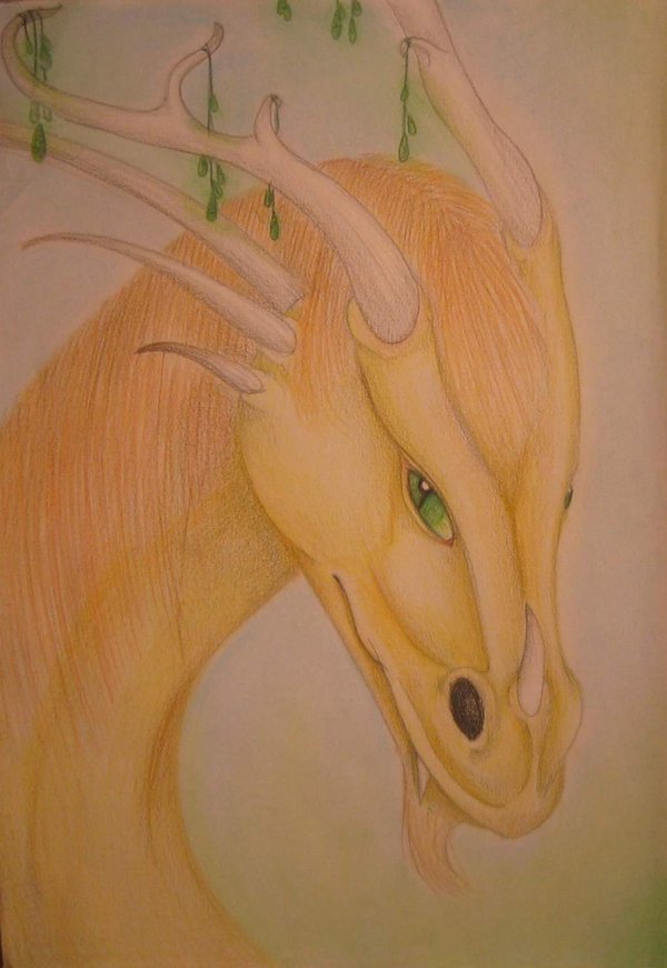 dragon facial_hair forestia goatee green_eyes hair horn looking_at_viewer scalie traditional_media tyrlandhas yellow_dragon