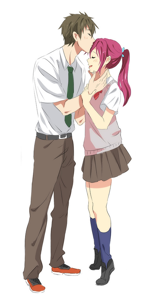 blush brown_hair closed_eyes free! full_body kiss long_hair matsuoka_gou miyuli necktie ponytail red_hair ribbon school_uniform short_hair skirt tachibana_makoto tiptoes