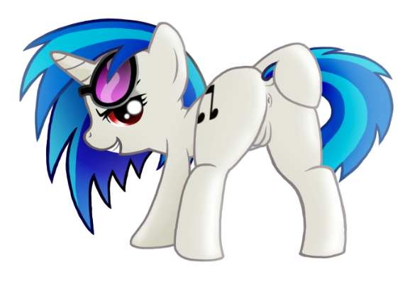 blue_hair butt cupcakesponyazz cutie_mark equine female friendship_is_magic fur hair horn horse mammal my_little_pony plain_background pony pussy red_eyes two_tone_hair unicorn vinyl_scratch_(mlp) white_fur