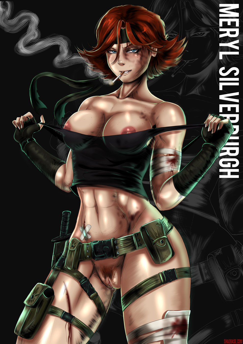 2013 blood blue_eyes breasts cigarette clothing female hair human knife looking_at_viewer meryl_silverburgh nipples pussy red_hair smoke solo tagme therealshadman wounded