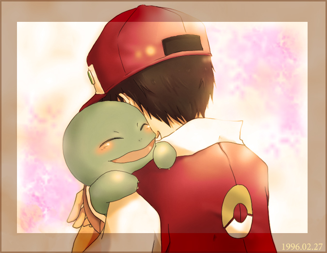 bad_id bad_pixiv_id baseball_cap black_hair blush closed_eyes from_behind gen_1_pokemon haruno_(flower7_nagi) hat hug male_focus open_mouth pokemon pokemon_(creature) pokemon_(game) red_(pokemon) red_(pokemon_rgby) smile squirtle