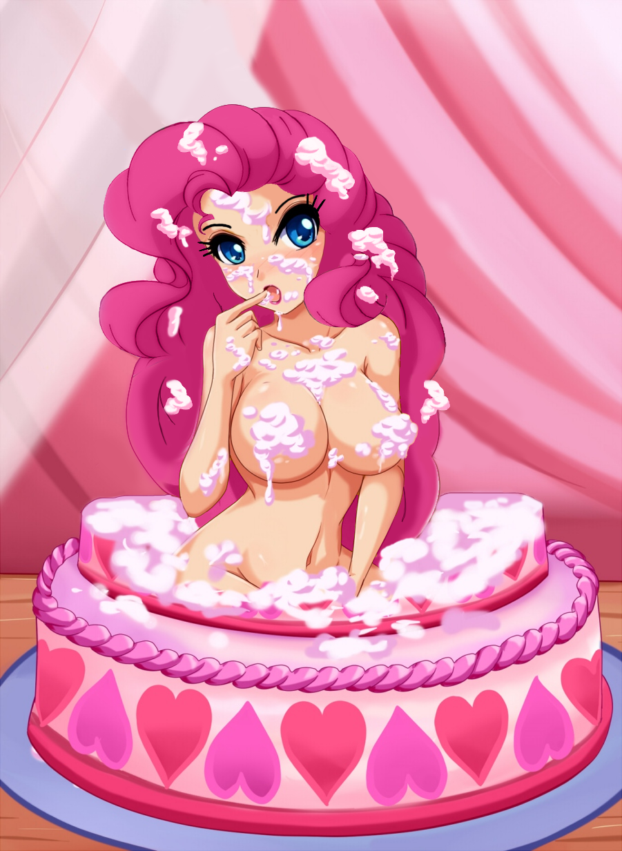 1girl ahoge armpit blue_eyes blush breasts cake collarbone cream cream_on_face curly_hair curtains derivative_work eyelashes heart large_breasts lips lipstick long_hair looking_at_viewer mound_of_venus my_little_pony my_little_pony_friendship_is_magic open_mouth payot personification pink_hair pinkie_pie plate rammbrony solo