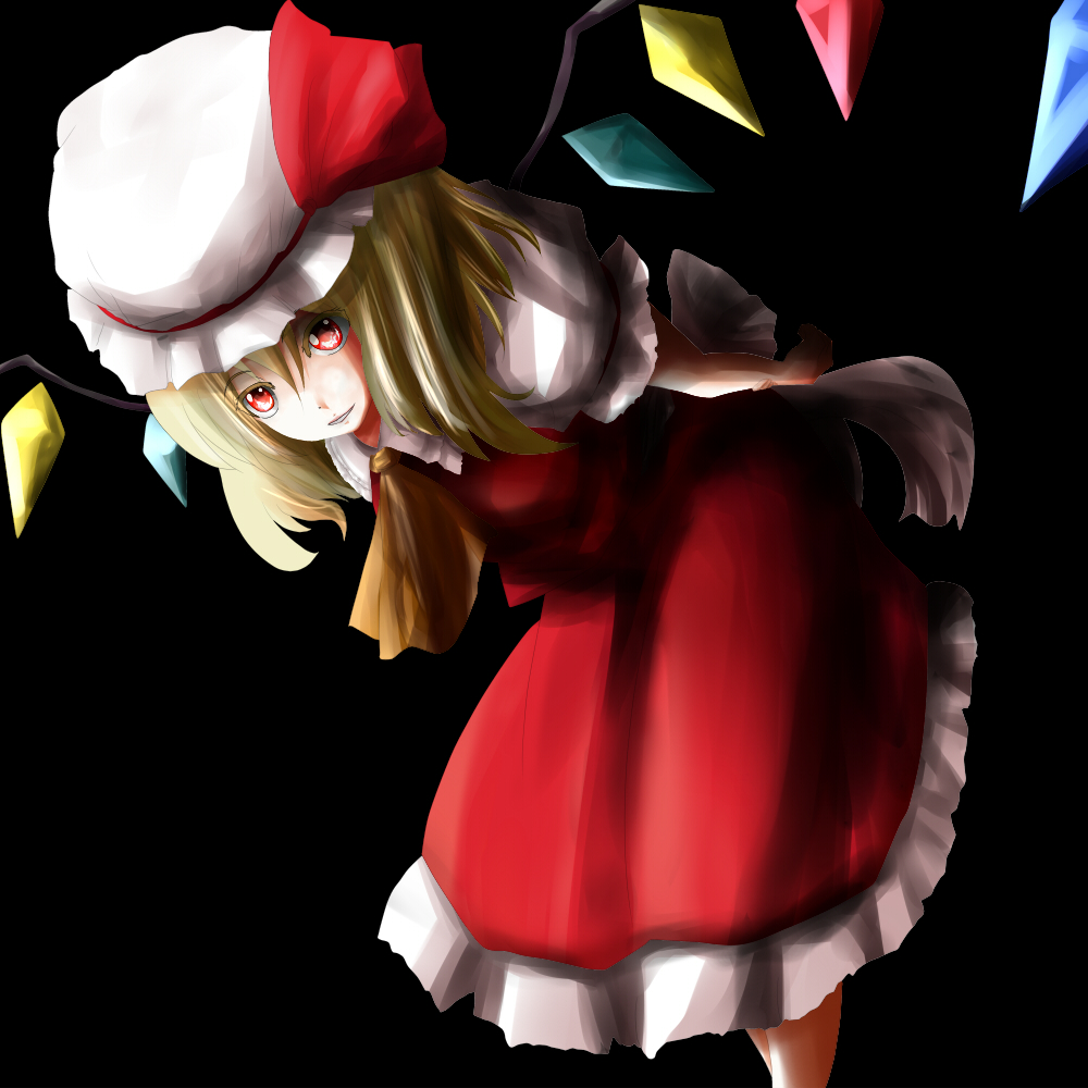 ao-shiba blonde_hair bow flandre_scarlet hat hat_bow red_eyes solo touhou wings