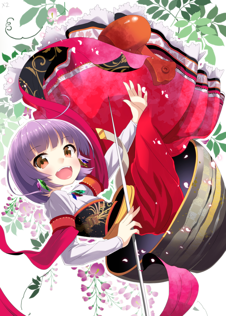 :d ahoge arm_garter arm_ribbon atori blush brown_eyes crystal earrings eyebrows_visible_through_hair falling floral_background flower hammer highres holding holding_needle in_bowl in_container japanese_clothes jewelry kimono lace leaf long_skirt long_sleeves looking_at_viewer miracle_mallet needle no_hat no_headwear obi open_mouth orange_eyes outstretched_arm outstretched_hand petals pink_ribbon purple_hair ribbon sash shirt short_hair skirt smile solo sukuna_shinmyoumaru touhou upside-down white_background white_shirt