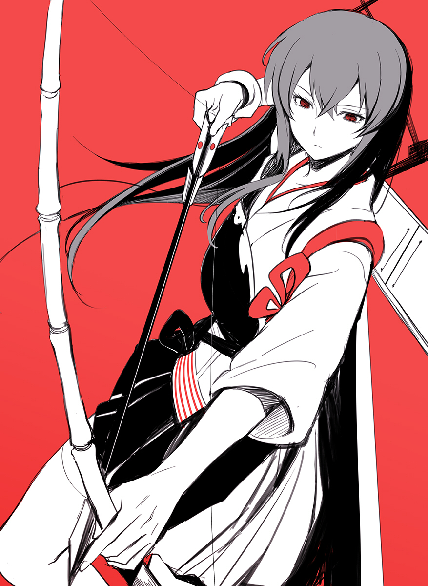akagi_(kantai_collection) arrow bad_id bad_pixiv_id banned_artist bow_(weapon) harano highres kantai_collection long_hair monochrome red_background red_eyes simple_background solo weapon