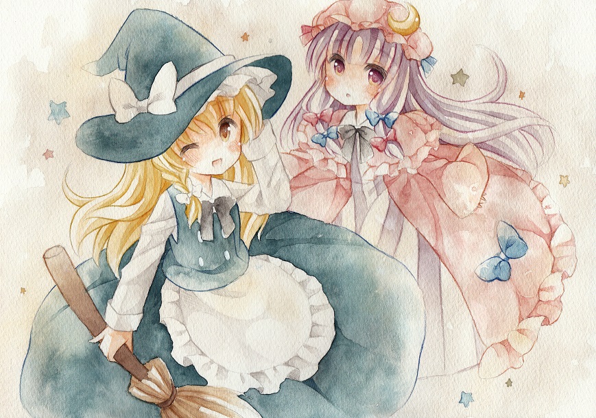 apron black_dress blonde_hair bow braid broom capelet coat crescent dress hair_ribbon hat hat_bow kagome_f kirisame_marisa long_hair long_sleeves mob_cap multiple_girls one_eye_closed open_clothes open_coat open_mouth patchouli_knowledge purple_eyes purple_hair ribbon single_braid smile star striped striped_dress touhou traditional_media tress_ribbon very_long_hair waist_apron watercolor_(medium) white_bow witch_hat yellow_eyes
