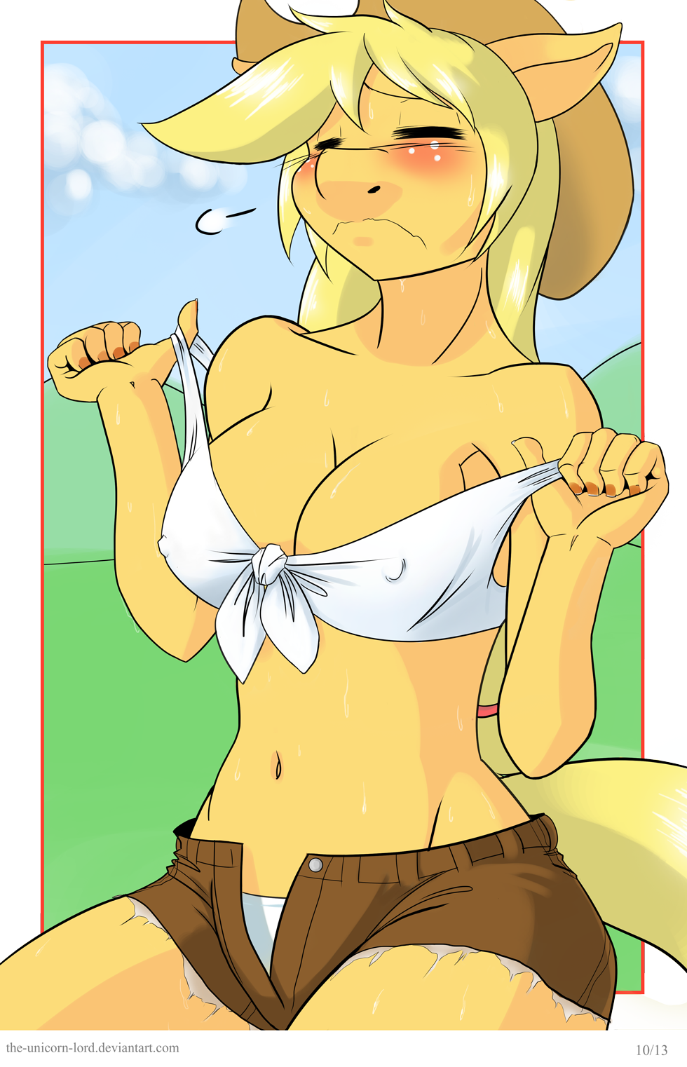 anthro anthrofied applejack_(mlp) big_breasts blonde_hair blush breasts cleavage clothed clothing equine erect_nipples eyes_closed female freckles friendship_is_magic hair horse long_hair mammal my_little_pony navel nipples outside panties pony solo sweat the-unicorn-lord underwear