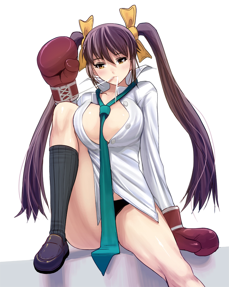 black_legwear black_panties blush boxing_gloves breasts brown_eyes brown_hair hair_ribbon kneehighs large_breasts legs_folded loafers long_hair masao mouth_hold necktie original panties ribbon shirt shoes simple_background solo striped twintails unbuttoned underwear vertical_stripes white_shirt