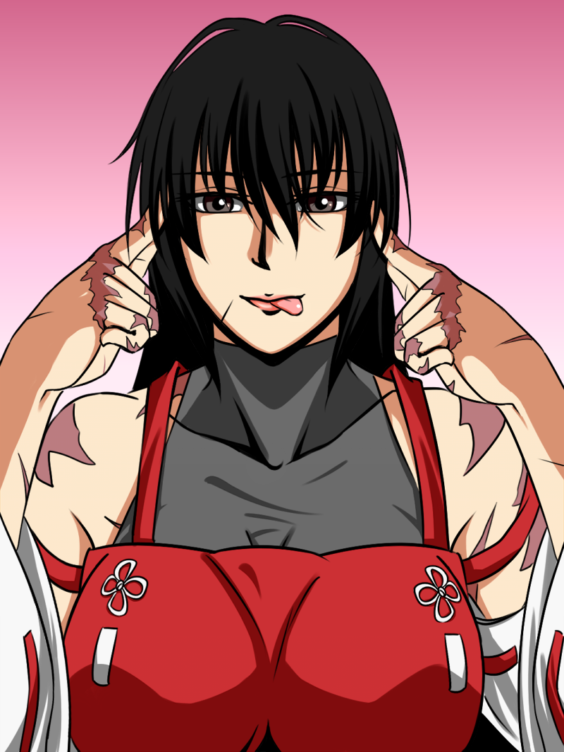 :p black_hair breasts brown_eyes collarbone detached_sleeves large_breasts leotard lips m.u.g.e.n nontraditional_miko original out_of_character pose samuimu scar sendai_hakurei_no_miko solo tongue tongue_out touhou upper_body
