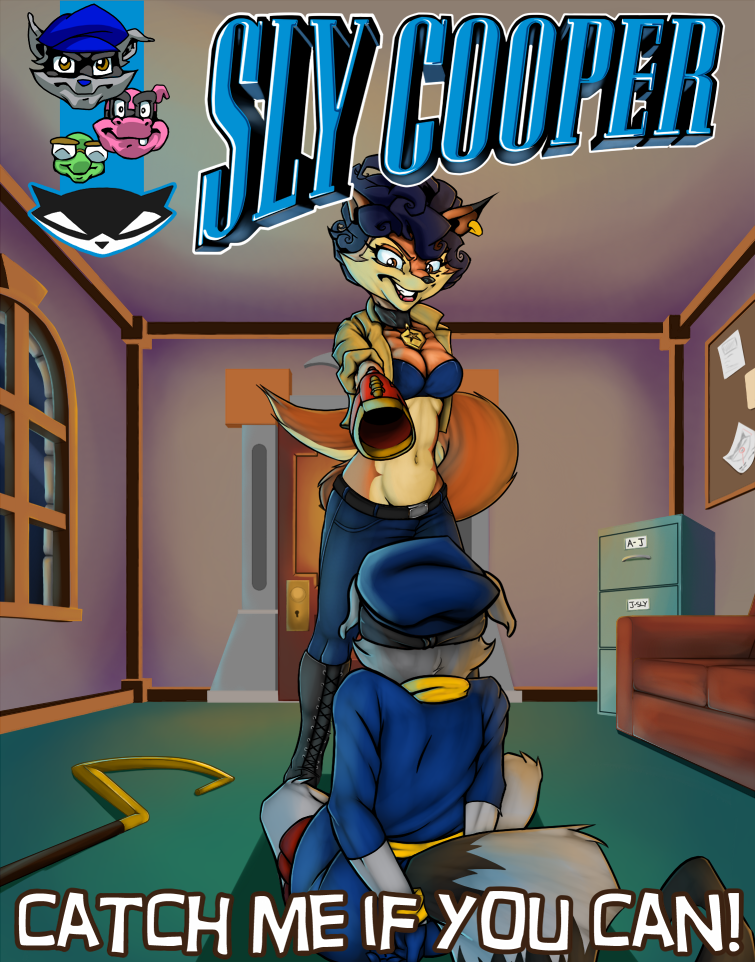 canine carmelita_fox clothed clothing collar ear_piercing female fox grin gun hair hat ibengmainee inside male mammal piercing raccoon ranged_weapon skimpy sly_cooper sly_cooper_(series) text video_games weapon