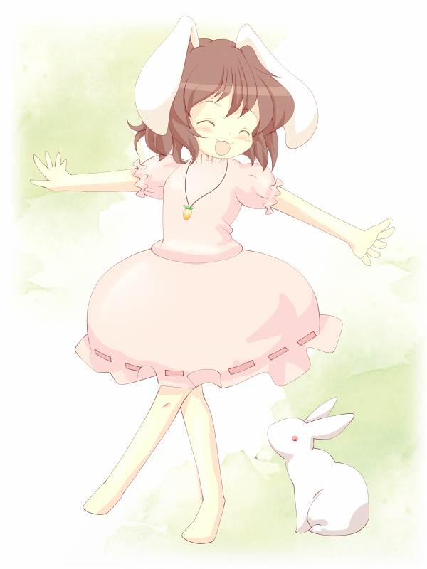 animal_ears barefoot brown_hair bunny bunny_ears carrot carrot_necklace closed_eyes dress happy inaba_tewi jewelry necklace open_mouth outstretched_arms pendant pink_dress puffy_sleeves ribbon-trimmed_clothes ribbon_trim short_hair short_sleeves smile solo touhou walking yanmarson