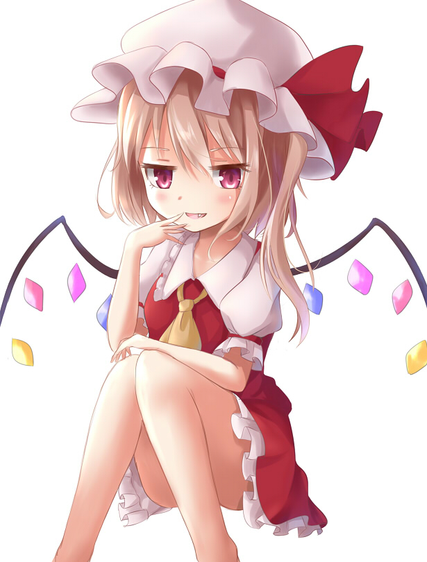 ascot bad_id bad_pixiv_id blonde_hair flandre_scarlet hand_to_own_mouth hat hat_ribbon looking_at_viewer mob_cap open_mouth pink_eyes puffy_sleeves red_skirt ribbon rin_yuu shirt short_sleeves side_ponytail simple_background sitting skirt smile solo touhou white_background wings