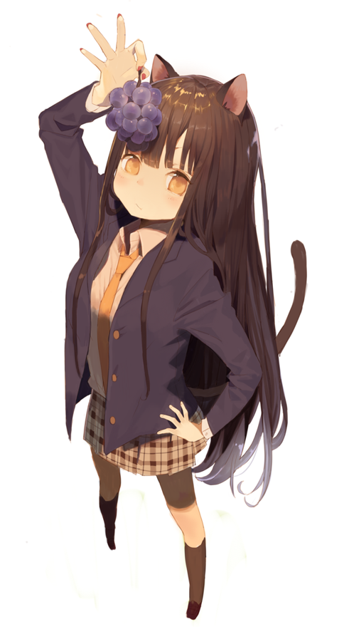 animal_ears arm_up bad_id bad_pixiv_id brown_hair cat_ears cat_tail food frown fruit grapes hand_on_hip holding holding_food holding_fruit kneehighs loafers long_hair looking_at_viewer misoni_comi nail_polish necktie original perspective pleated_skirt red_nails school_uniform shoes skirt solo tail white_background yellow_eyes
