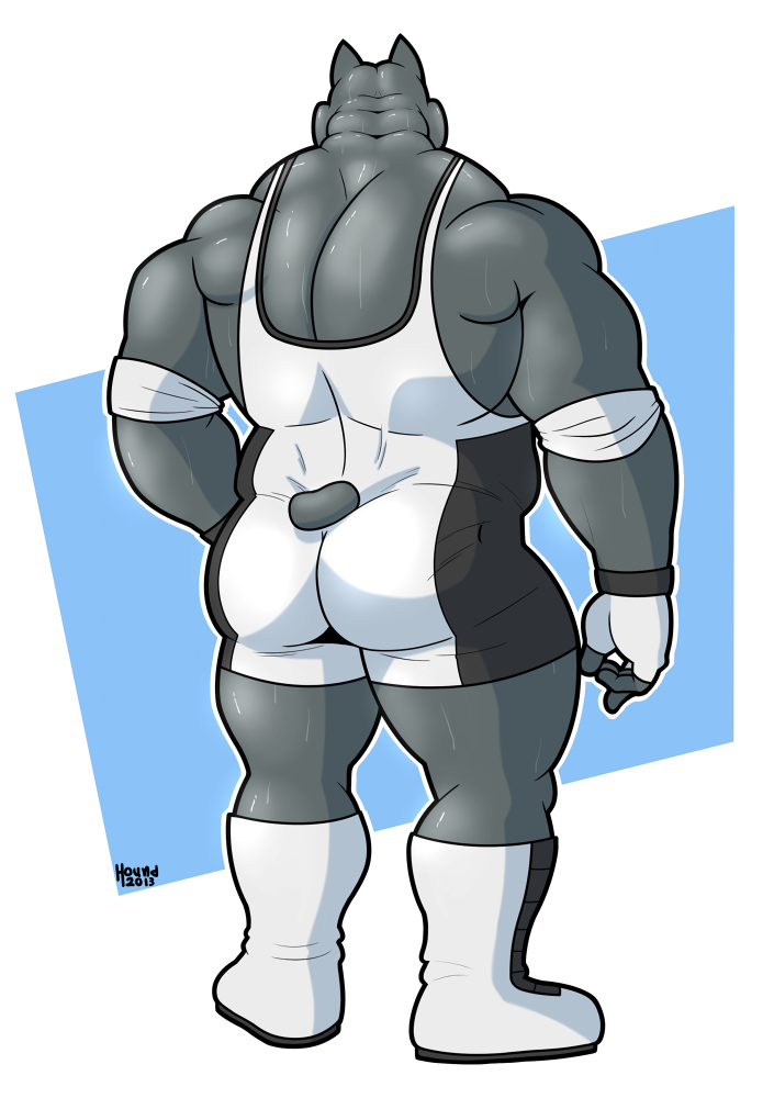 anthro biceps big_muscles boots butt canine clothing dog fingerless_gloves fur gloves great_dane hound_(character) houndgrey male mammal muscles plain_background pose solo standing wrestler wrestling_singlet