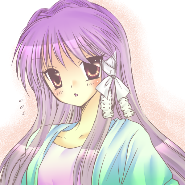 :o blush casual clannad flying_sweatdrops fujibayashi_kyou hair_ribbon kirarin long_hair looking_at_viewer open_mouth purple_eyes purple_hair ribbon solo tress_ribbon