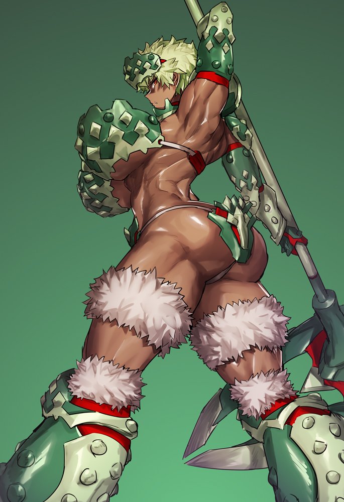1girl armor armpits arms_up boots closed_mouth dark_skin frown fur_trim gauntlets gloves greaves green_background green_hair headgear holding holding_weapon light_green_hair melon22 orange_eyes original red_gloves short_hair simple_background solo vambraces weapon