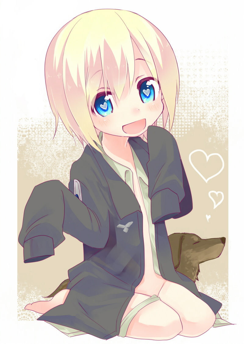 barefoot blonde_hair blue_eyes dachshund erica_hartmann heart heart-shaped_pupils military military_uniform open_clothes open_mouth oversized_clothes short_hair sitting sleeves_past_fingers sleeves_past_wrists smile solo strike_witches symbol-shaped_pupils uniform world_witches_series yukko