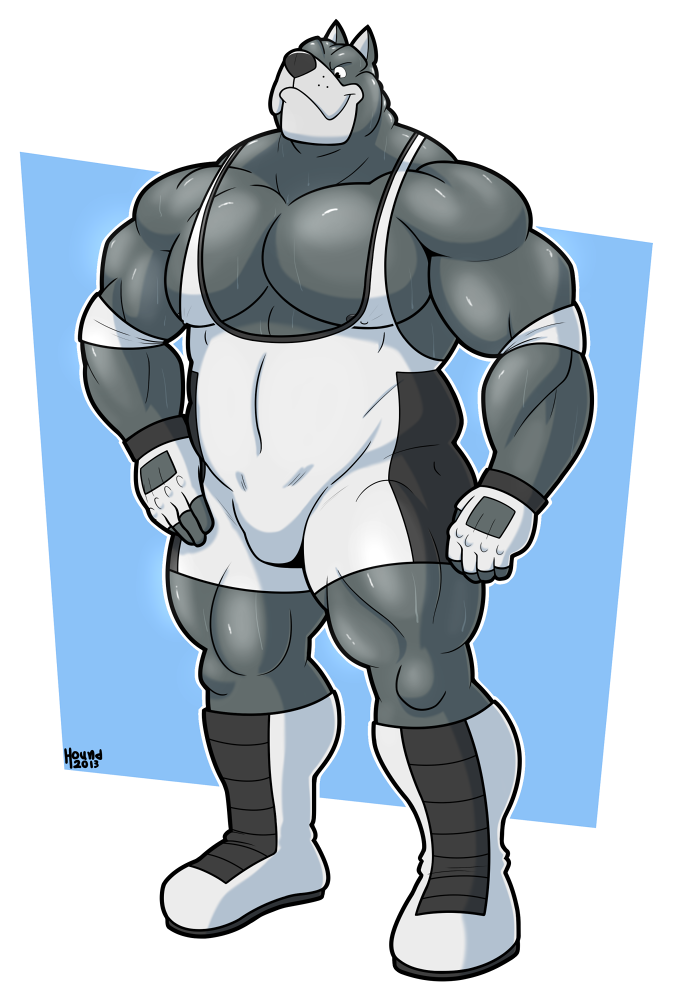 anthro biceps big_muscles black_nose boots bulge canine chubby clothing dog fingerless_gloves footwear fur gloves great_dane grey_fur grin hound_(character) houndgrey male mammal musclegut muscles nipples pecs plain_background pose smile solo standing wrestler wrestling_singlet