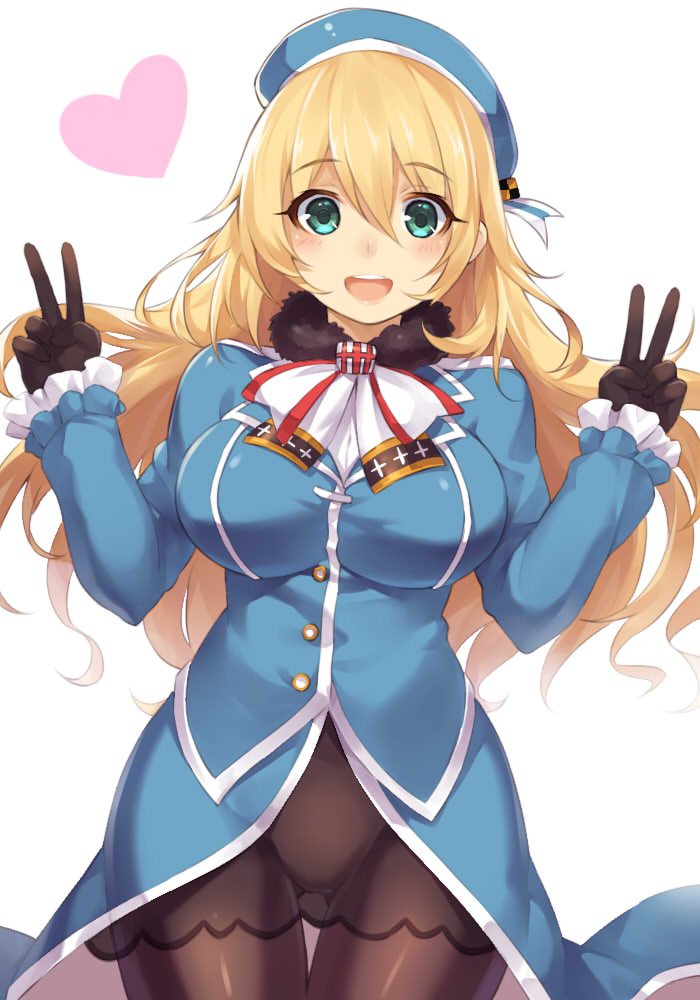 :d ass_visible_through_thighs atago_(kantai_collection) blonde_hair breasts double_v green_eyes hair_between_eyes hat heart kantai_collection large_breasts long_hair looking_at_viewer open_mouth pantyhose simple_background smile solo suika01 thigh_gap v white_background wide_hips