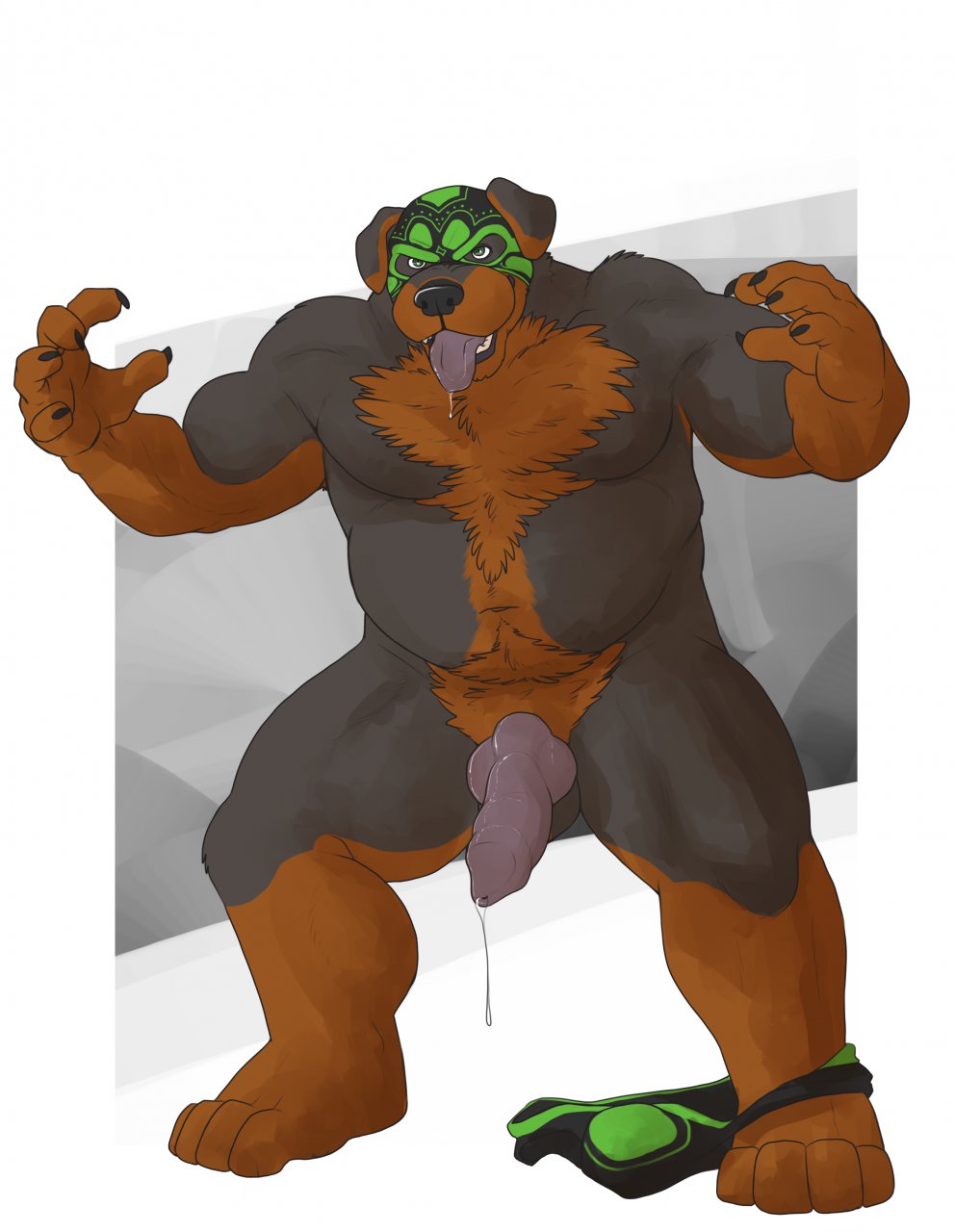 anthro balls bass_(artist) biceps big_penis bigmaster black_fur black_nose brown_fur canine chest_tuft claws dog dripping erection fur green_eyes knot male mammal mask muscles nevarrio nude penis pubes solo standing tongue tongue_out tuft underwear_around_one_leg wrestler