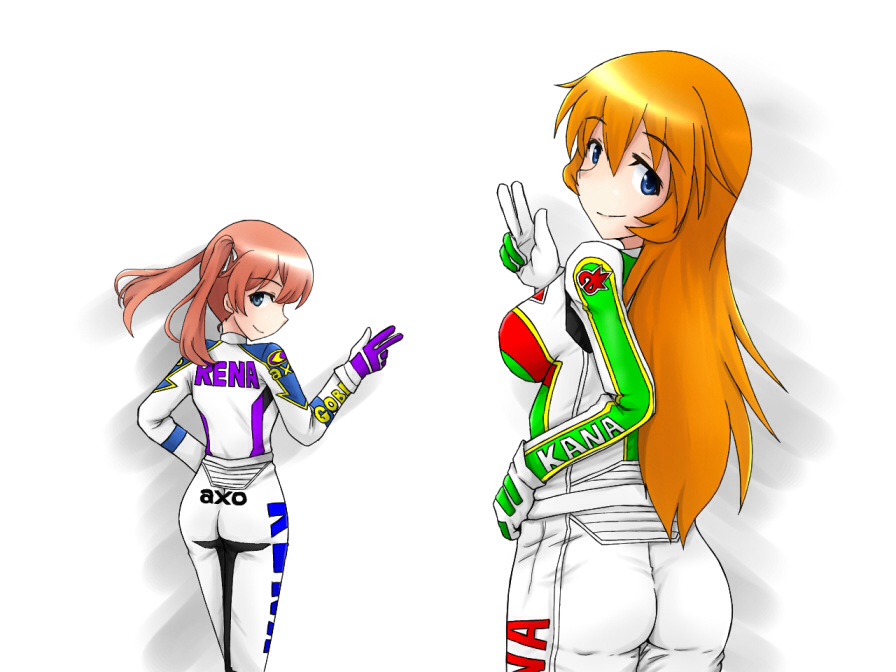 alternate_costume back breasts charlotte_e_yeager commentary_request cosplay francie_gerard gloves isosceles_triangle_(xyzxyzxyz) jumpsuit large_breasts looking_at_viewer md5_mismatch multiple_girls orange_hair racing_suit red_hair smile strike_witches twintails world_witches_series