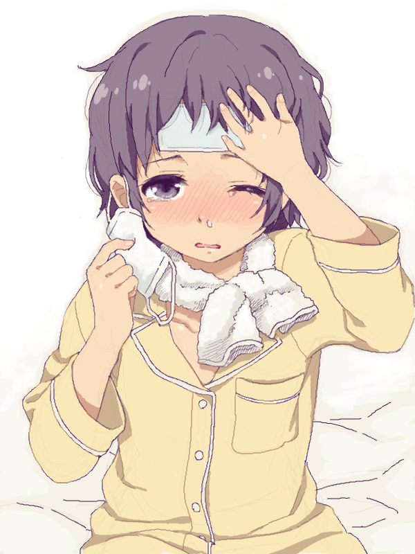 bandages blush drawr hand_on_forehead mattaku_mousuke one_eye_closed open_mouth original pajamas sick snot solo surgical_mask tears towel towel_around_neck wavy_mouth